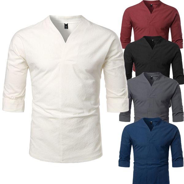 

хлопчатобумажная льняная рубашка мужчины совершенно новое лето с коротким рукавом v образным вырезом три четверти мужские рубашки без воротн, White;black