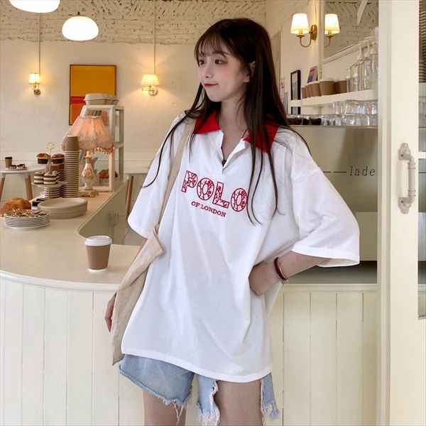 

2020 underpants t- simple polo collar short-sleeved t- women's loose ins fashionable red student half-sleeved shirt base shirt, White