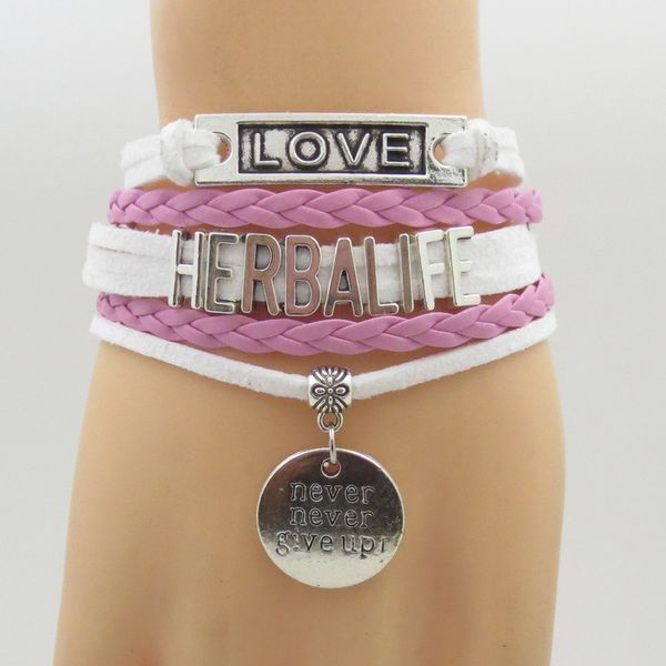 

fashion herbalife bracelets infinity love herbalife sign bracelet white and pink leather hanging never give heart charm, Golden;silver