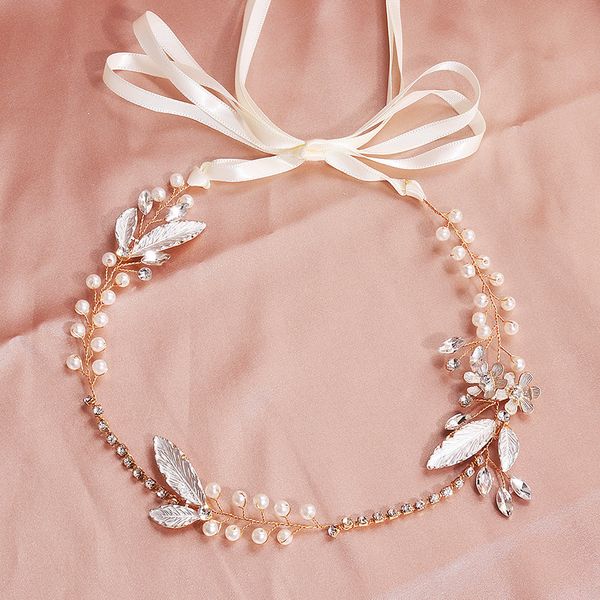 

handmade leaf vine pearl headband bridal headpiece hair chain head jewelry wedding hair accessories bijoux cheveux wigo1448, Golden;white