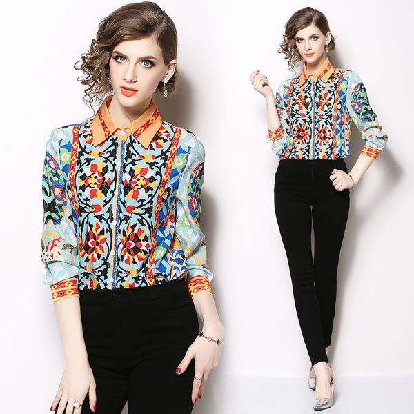 

2019 runway print women's designer blouses elegant long sleeve lapel neck ladies casual button shirt plus size office slim floral, White