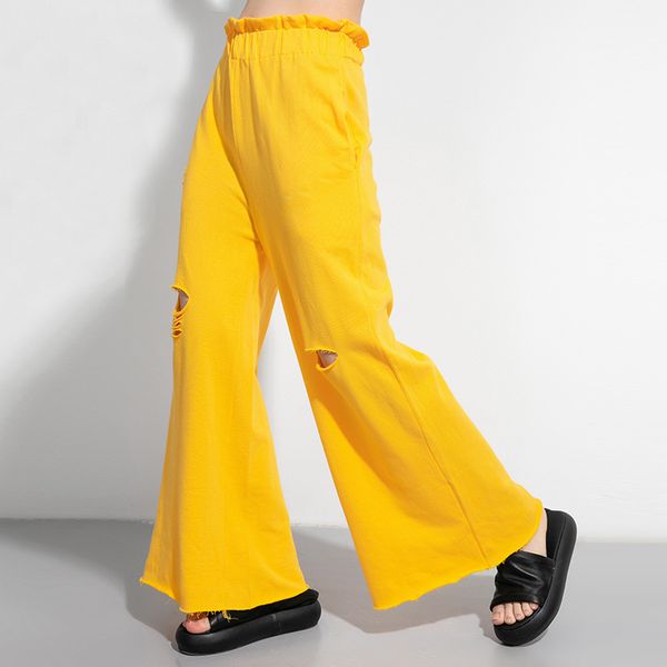 

solid color hole design wide leg pants cotton and lien large size casual pants for women straight streetwear trousers female, Black;white