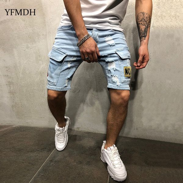 

2019 new summer hiphop men stretchy ripped denim pants hole jean pant cotton shorts mens fashion leisure elastic denim trousers, Blue