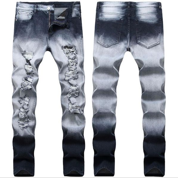 

fashion mens stretch gradation rip blue jeans slim fit designer straight panelled biker motorcycle denim pants streetwear