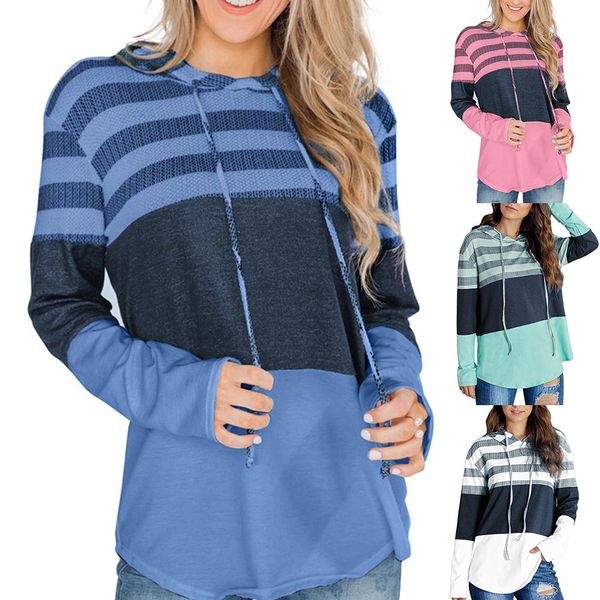 

women color block striped drawstring hooded long sleeve pullover sweatshirt, Black