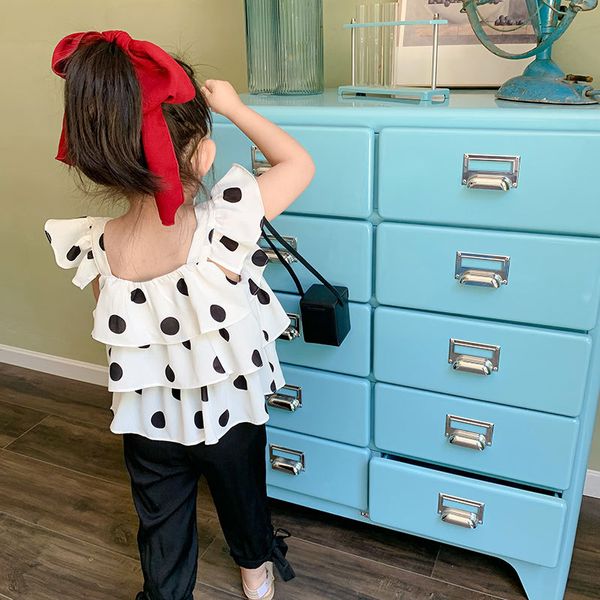 

two piece set baby girls shirt + pants black dots layered ruffles sleeve summer korean clothes kids toddler 2 to 10 yrs, White