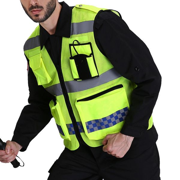

high visibility reflective vest running multi pockets construction safety solid night outwear working security shirt, Black;blue