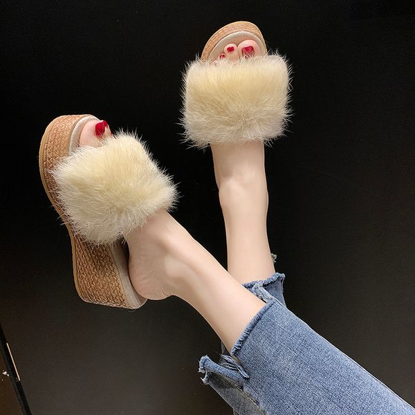 

luxury slides slippers fur shoes summer clogs woman shose women flock platform on a wedge med designer plush beach 2019 pu with, Black