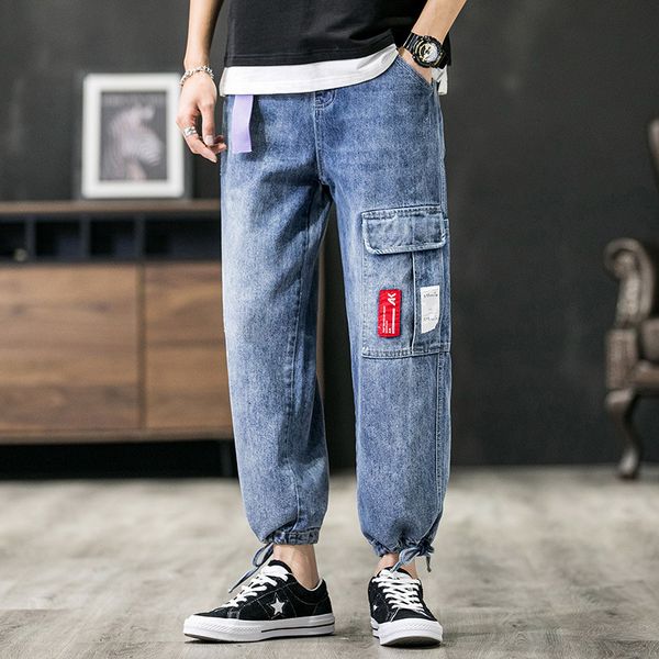 

spring summer fashion streetwear men jeans retro blue loose fit harem jeans big pocket cargo pants japanese hip hop men