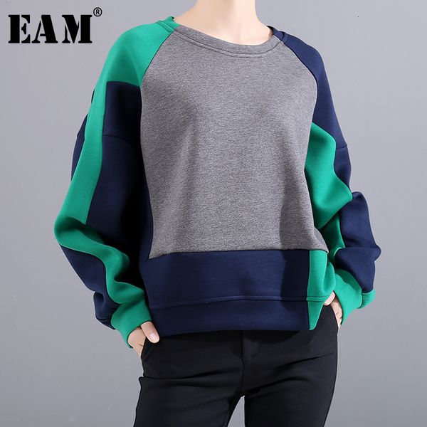 

eam] loose fit contrast color oversized sweatshirt new round neck long sleeve women big size fashion autumn winter 2019 1m822, Black