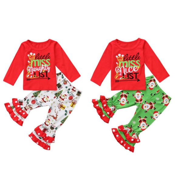 

2020 christmas baby outfits children girls letter print santa claus ruffle flare pants 2pcs/set 2018 autumn fashion kids clothing sets, White