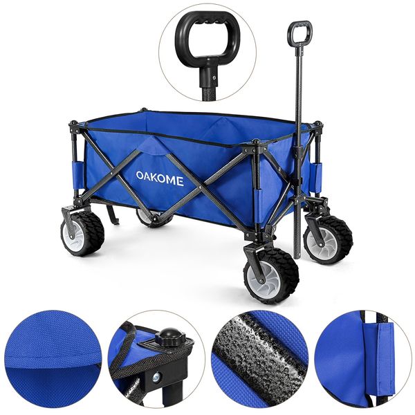 Oakome Collapsible Wagon Trolley: 4 Wheels, Reinforced Steel Frame, 600D Cloth - Versatile, Durable, Foldable for Outdoor Adventures.