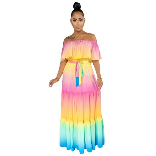 

party dresses women summer gradient rainbow stripes print off shoulder butterfly sleeve sashes waist fit flare maxi long dress, White;black