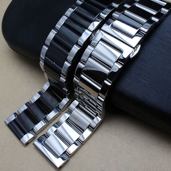 Cilalı Metal Siyah Gümüş Kumaş Band 20mm 22mm 24mm Paslanmaz Çelik Watch Band Kayış Erkekler Gümüş Bilezik Yedek Katı Bağlantı T190620