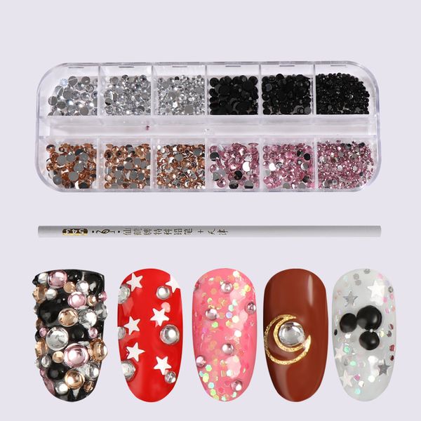 

2000pcs/box diy 3d rhinestones assorted mix gem designs nail art tips uv gel decorations with dotting pen manicure case kit, Silver;gold