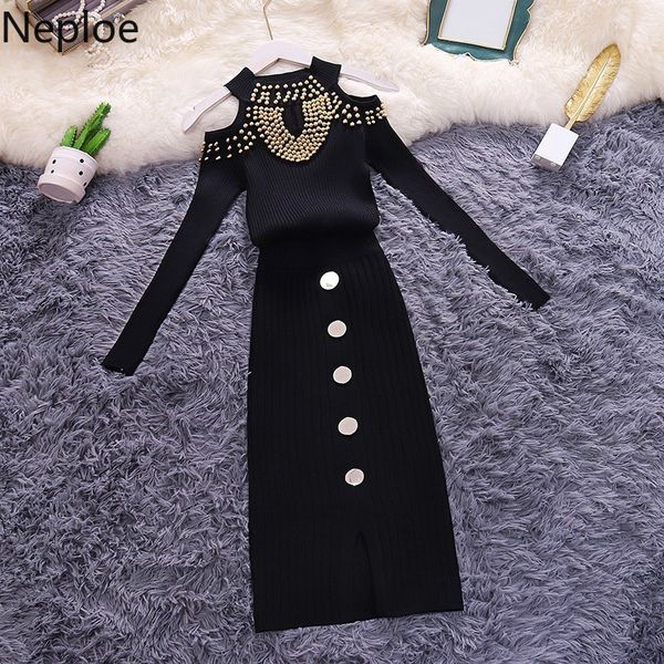 

neploe woman knitted suits o-neck beading long sleeve strapless sweater + buttons slim skirt 2019 new winter 2 piece sets 56441, White