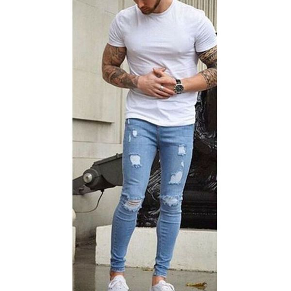 

arrivals fashion men's long straig leg slim fit casual hole strech pants skinny pants clubwear, Black