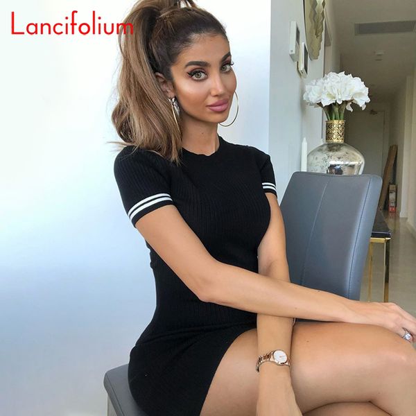

ribbed knit t shirt dress women summer bodycon tight mini dress ladies club night black party 2020 baby blue sundress, Black;gray