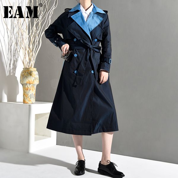 

eam] 2019 new spring autumn lapel long sleeve hit color double breasted looose long windbreaker women trench fashion jo5530, Tan;black