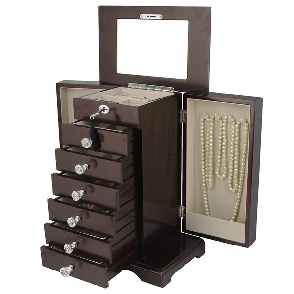 2019 Large Real Wooden Mirrored Jewelry Box Organizer Locked With Mirrored Jewelry Box Organizer Locked