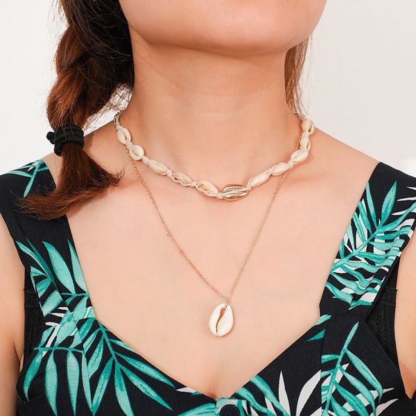 

multilayer trendy shells pendant necklaces women gold color long chain seashell beach bohemian handmade choker necklace jewelry, Silver