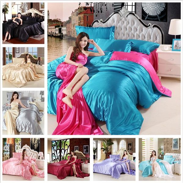 

18 100% pure satin silk bedding set home textile king size bed set bed clothes duvet cover flat sheet pillowcases wholesale
