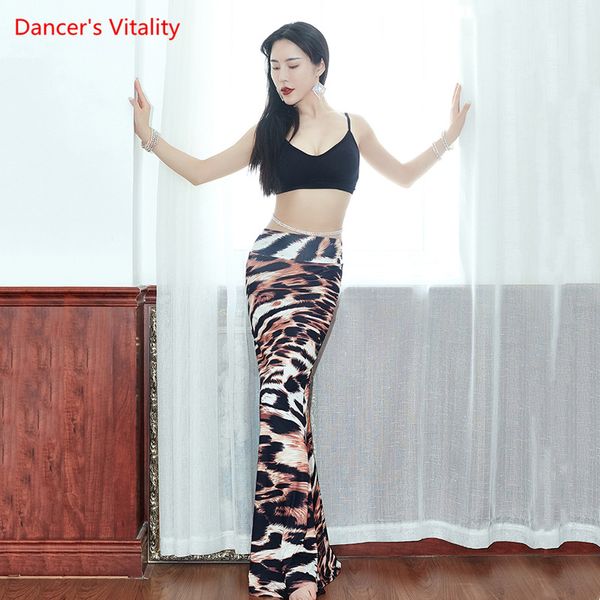 

belly dance shirt practice clothes suit female temperament slim leopard print long skirt performance set, Black;red