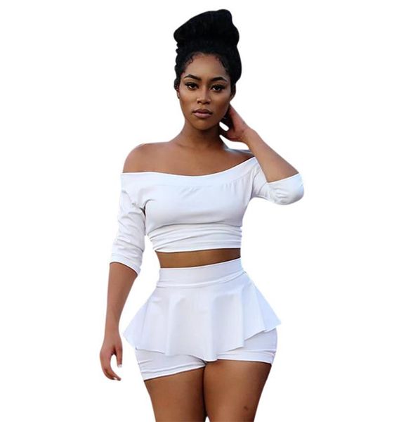 

new fashion white crop and skirt set half sleeve 2 piece set women slash neck bodycon two piece female