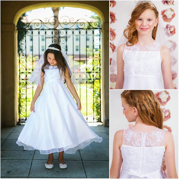 

2019 latest charming tea length white flower girl dresses organza pearls jewel neck lace applique bodice beads holy communion gowns, White;blue