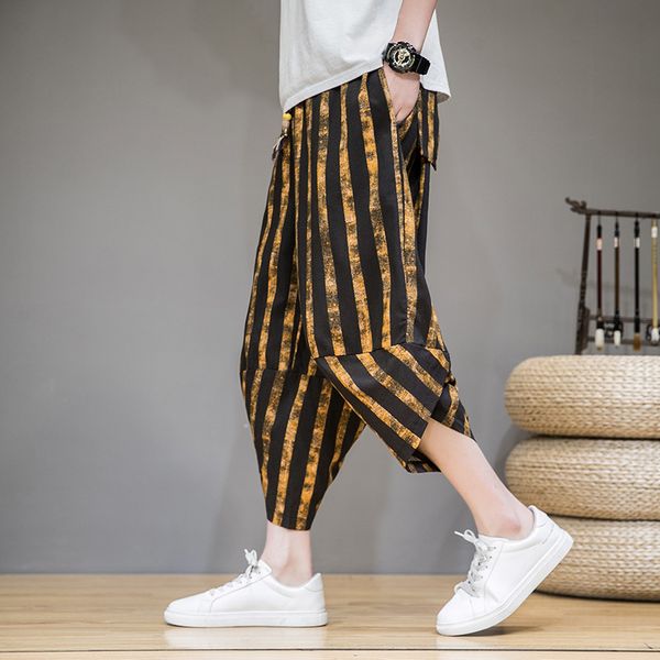 

men's chinese style beach pants 2020 new summer striped calf-length trousers tide big yards loose youth haroun pants man, Black