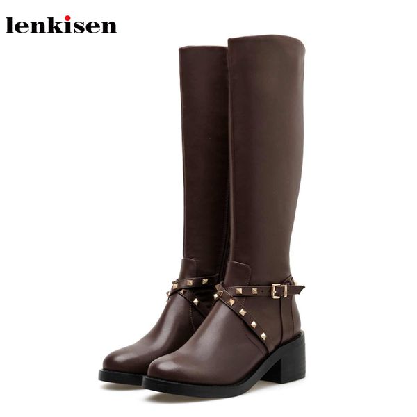 Real Leather Knee High Boots Stiletto Zip Buckle Knight Boots Womens Rivet Shoes