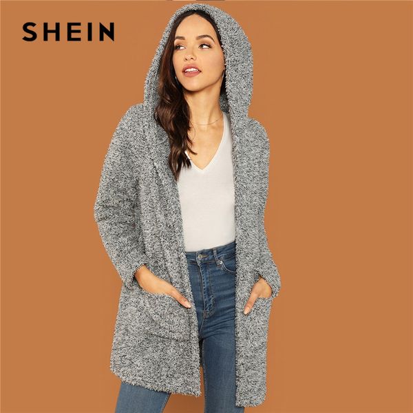 

shein grey casual solid hooded pocket patched marled teddy jacket autumn campus going out women coat and outerwear, Black;brown