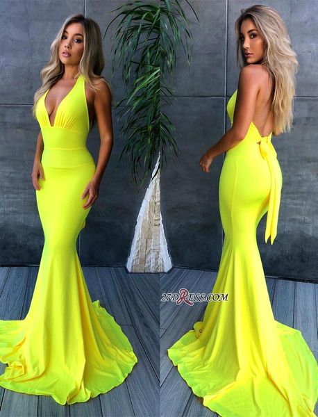

yellow mermaid evening dresses 2019 backless satin simple halter long prom dress sweep train party gowns bm0670, Black;red