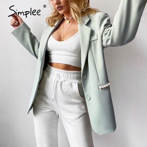 

simplee button streetwear solid blazer office elegant ladies blazer female long sleeve pocket design spring autumn coats 2020, White;black