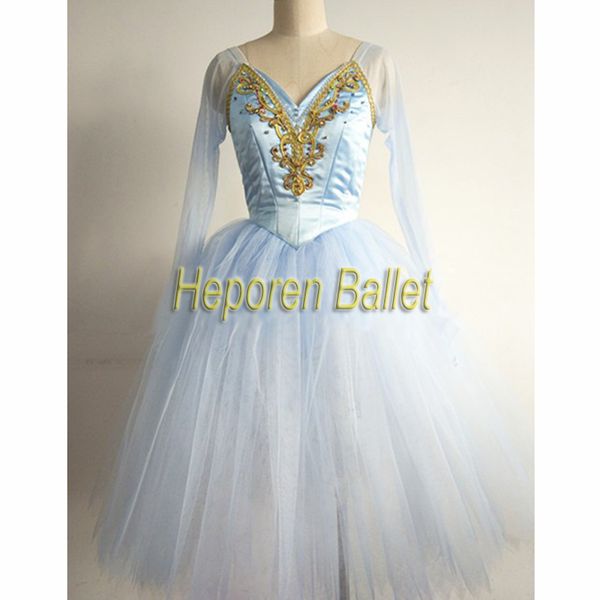 

customized nutcracker light blue ballet long skirt for stage, blue yarn swan lake lace sleeves fairy long dress, Black;red