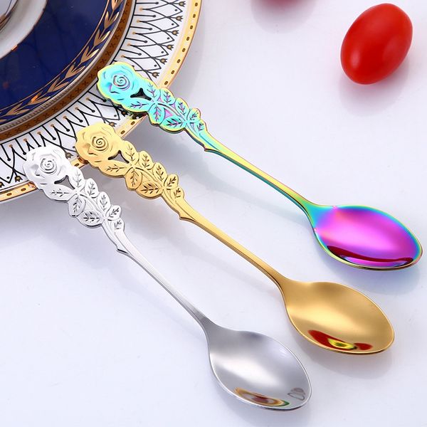 

colorful rose handle spoon stainless steel coffee stir dessert cake salad ice cream scoop spoon durable kitchen tableware