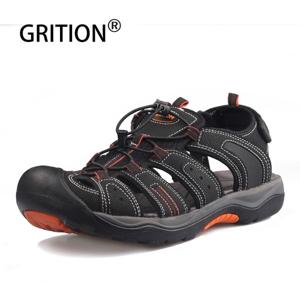 

grition men sandals platform flat walking summer beach outdoor comfy big size leather footwear 2019 casual hiking male shoes, Black
