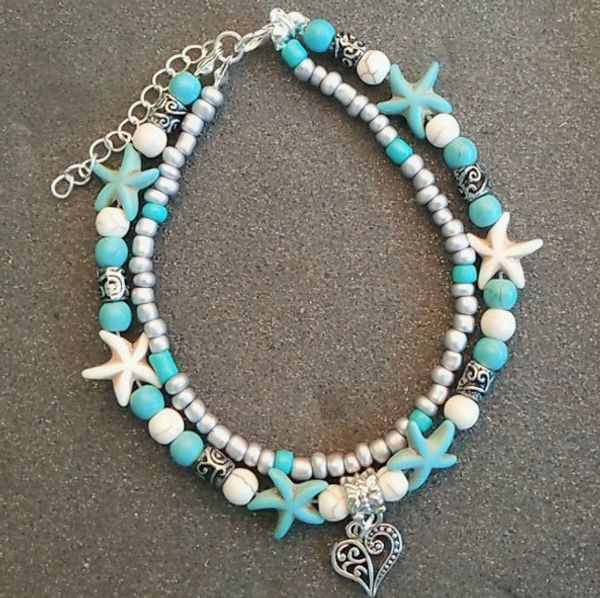

european and american-style fashion double layer anklet conch starfish bead yoga beach turtle pendant anklet bracelet, Silver