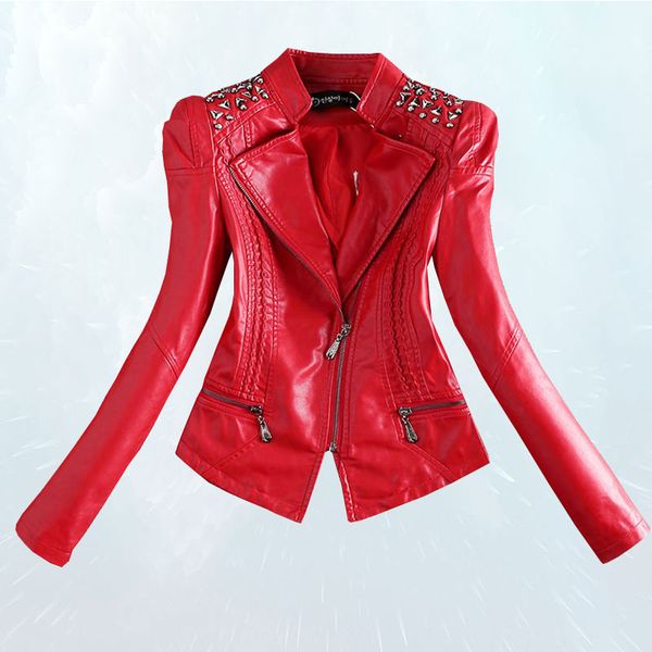 

2019 new fashion red motorcycle leather jacket women rivet zippers biker leather coat plus size pu outerwear sl057, Black
