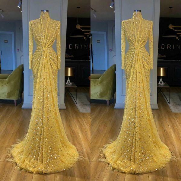 

yellow 2020 prom dresses high neck sequined long sleeve beaded evening dresses luxury feather formal party pageant gowns, Black