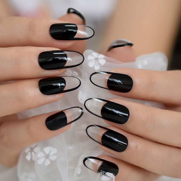 

false nails black clear french tips long oval round nail acrylic extensions press on faux ongles full cover uv fake, Red;gold