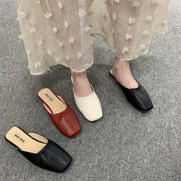 

slhjc square toe leather slippers elastic mouth casual spring summer flats shoes slip on women holiday sandals outside drags, Black