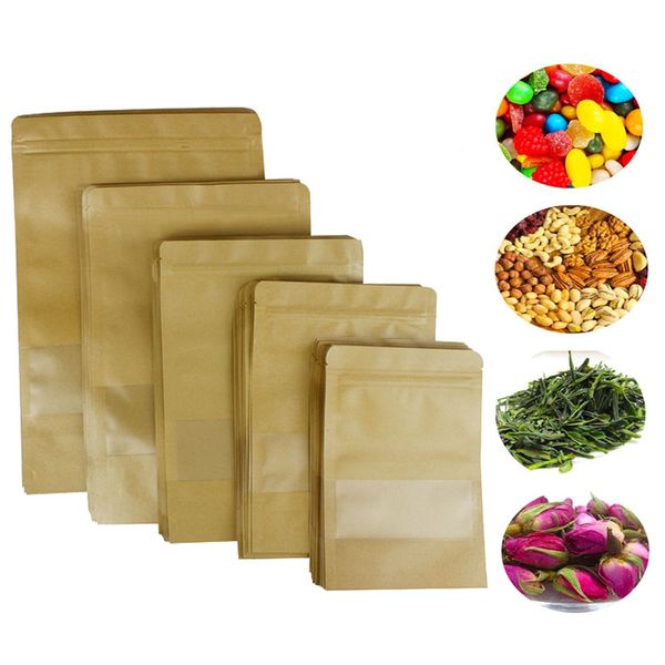 

100 шт. Пищевые влагостойкие мешки с прозрачным окном коричневая крафт-бумага Doypack сумка Ziplock упаковка уплотнительная сумка