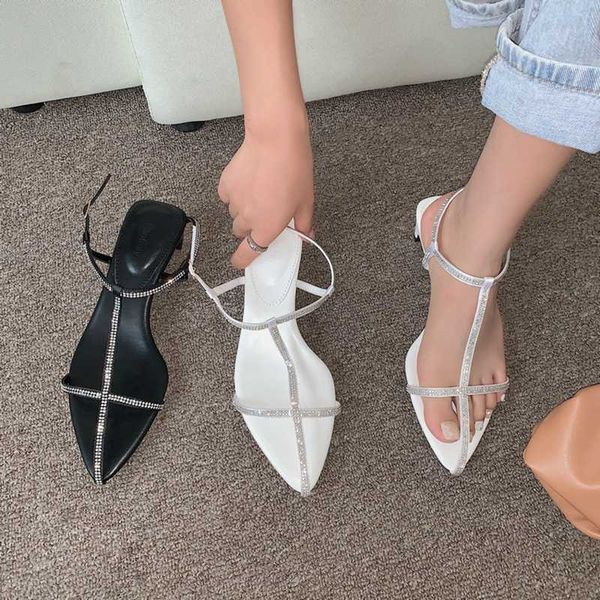 

fashion women sandals t strap roman style rhinestone narrow band thin low heels pointed toe buckle sandals dress shoes, Black