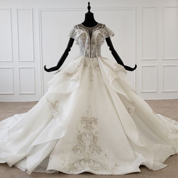 

2020 роскошные свадебные платья o-образным вырезом с коротким рукавом бальное платье аппликация бисероплетение sequined шнурка иллюзия шеи b, White