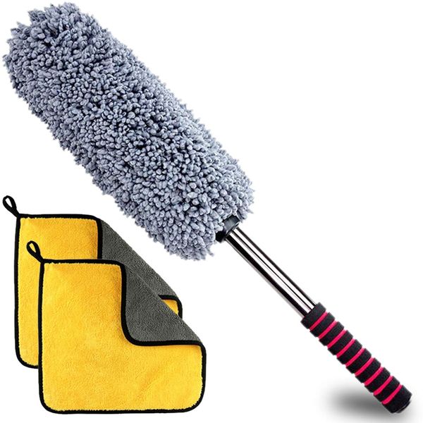

car dust remover, car microfiber dust remover cleaner with long extension handle, 2-pile microfiber cleaning cloth, motorcycle