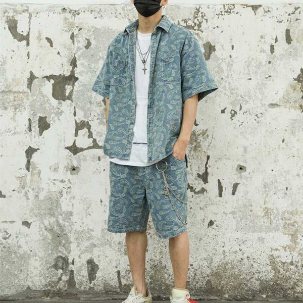 

harajuku кешью печати с коротким рукавом джинсовой рубашки мужчина hip hop сыпучие отворотом повседневный увеличенные пара джинсы рубашки, White;black