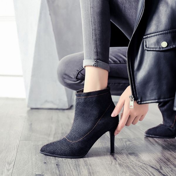 

large size boots women's high heel women's shoes 2018 new autumn and winter denim stiletto pointed single boots fashion, Black