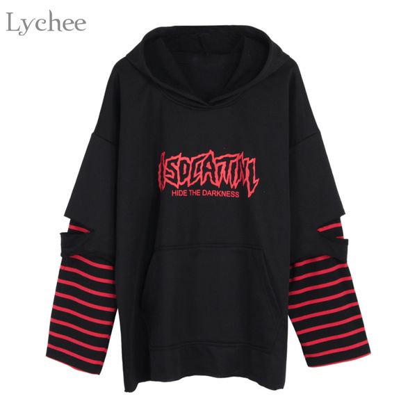 

punk hooded sweatshirt stripe patchwork hole long sleeve hoodies casual loose streetwear tracksuit, Black