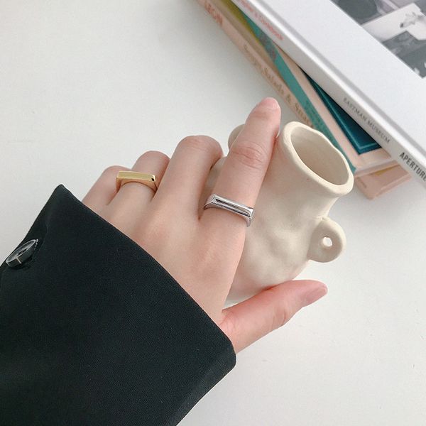 

jzy138 корейского s925 sterling silver ring ins простого геометрический прямоугольник гладкого открытие женского кольцо серебро, Golden;silver